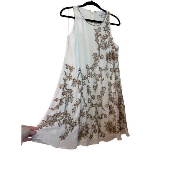 Badgley Mischka Beaded White & Gold High Neckline Swing Shift Style Dress Size 8 - Picture 2 of 12